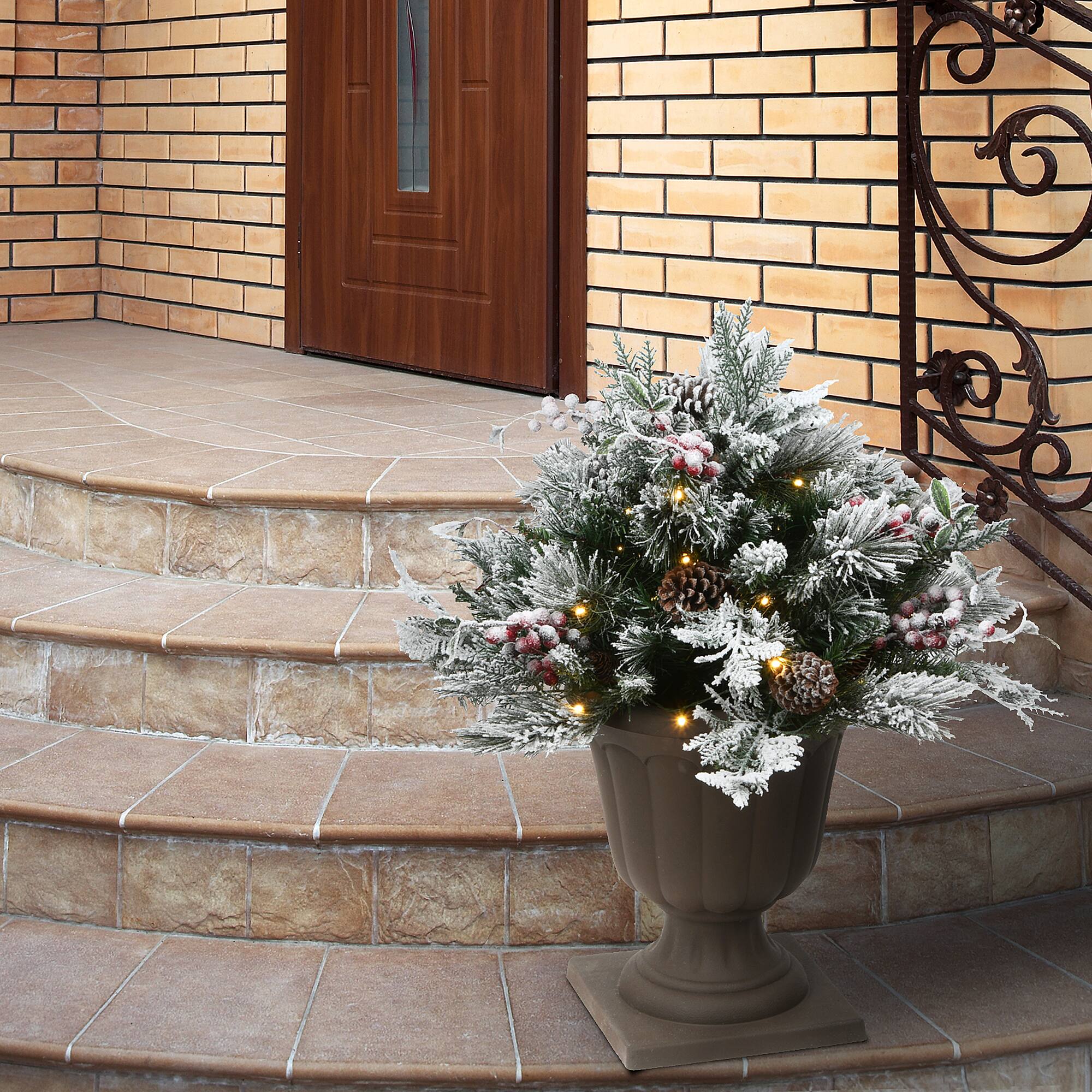18" Snowy Bedford Urn Filler with Battery Operated LED Lights